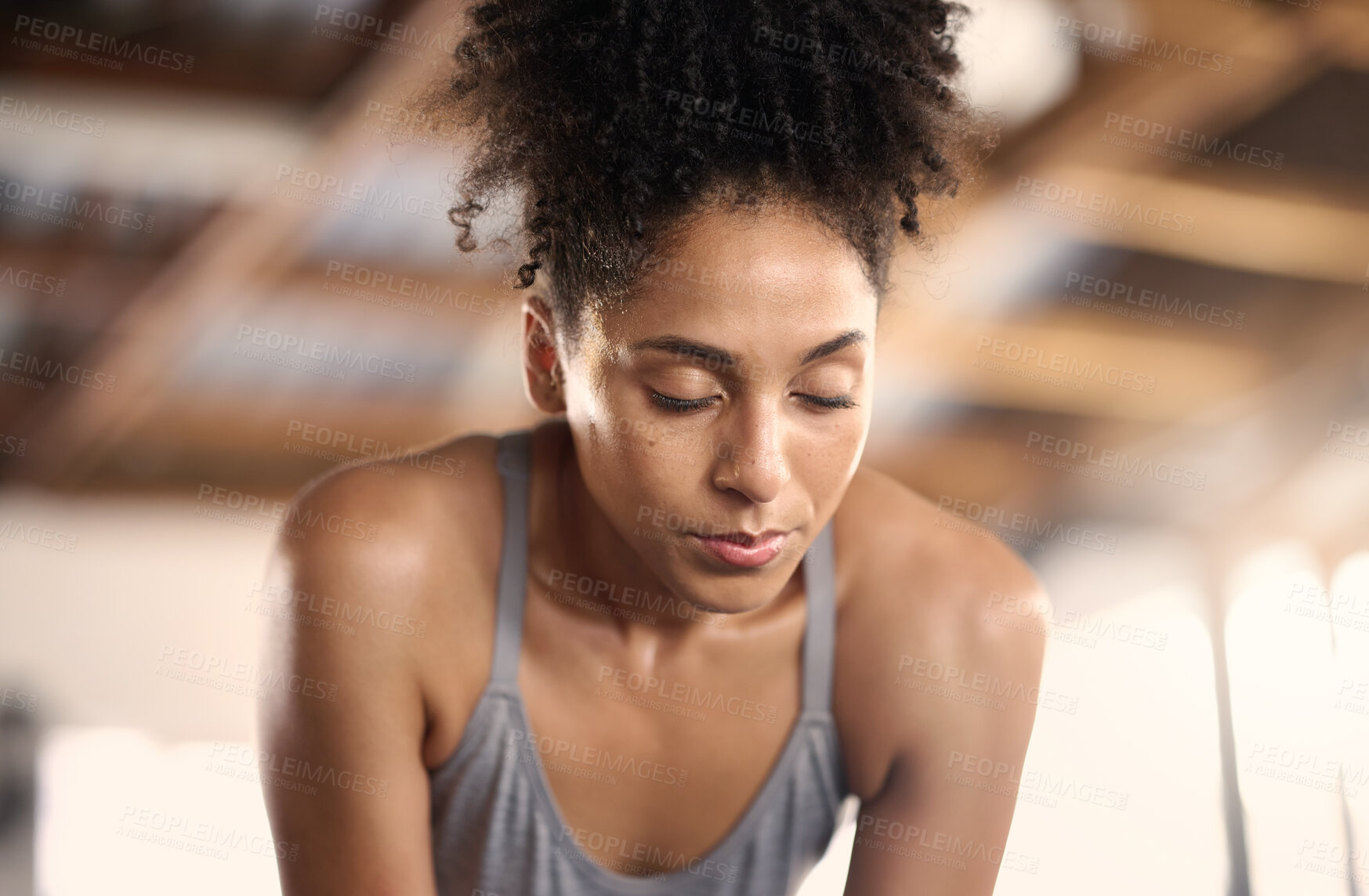 Buy stock photo Tired gym black woman breathing, challenge and training fatigue, healthy risk or body struggle for sports exercise. Sweating female athlete face, break and rest at workout mindset, focus and breathe 