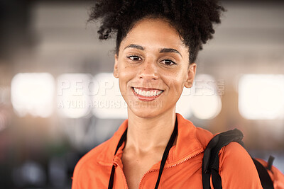 Buy stock photo Happy black woman, gym portrait and backpack for training, exercise lifestyle or body wellness. Headshot, fitness and happiness on face, health or workout for african girl, woman or model with bag