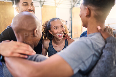 Buy stock photo Fitness, class and support hug of gym team and athlete group after exercise, sport and workout. Hugging training people and friends with happiness showing teamwork, sport community and motivation