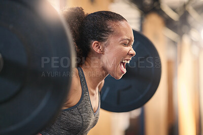 Buy stock photo Fitness, bodybuilder and shouting with a sports black woman weightlifting in a gym for a strong body. Exercise, health and training with a female athlete shouting while lifting weights for a workout