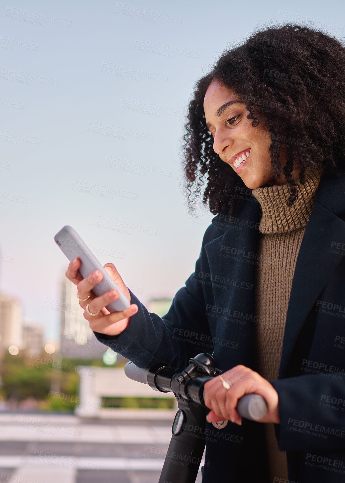 Buy stock photo Happy business woman, phone or electric scooter for travel in New York, street or city for contact us or social media news. 5g network, motivation or employee with smile in success feedback or review