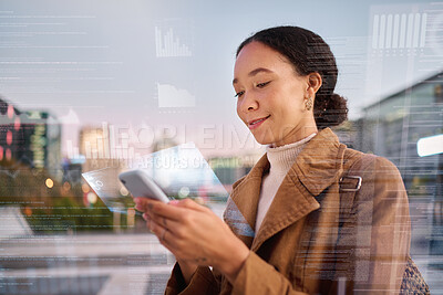 Buy stock photo Futuristic, social media and woman with a phone in the city for ai data, digital tech and financial overlay in the morning. Business, finance and girl with a smile for ui mobile communication