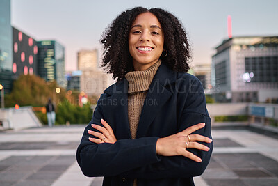 Buy stock photo Black woman, portrait smile and arms crossed in the city for vision, ambition or career success. Confident and happy African American female smiling for business, travel or freedom in a urban town