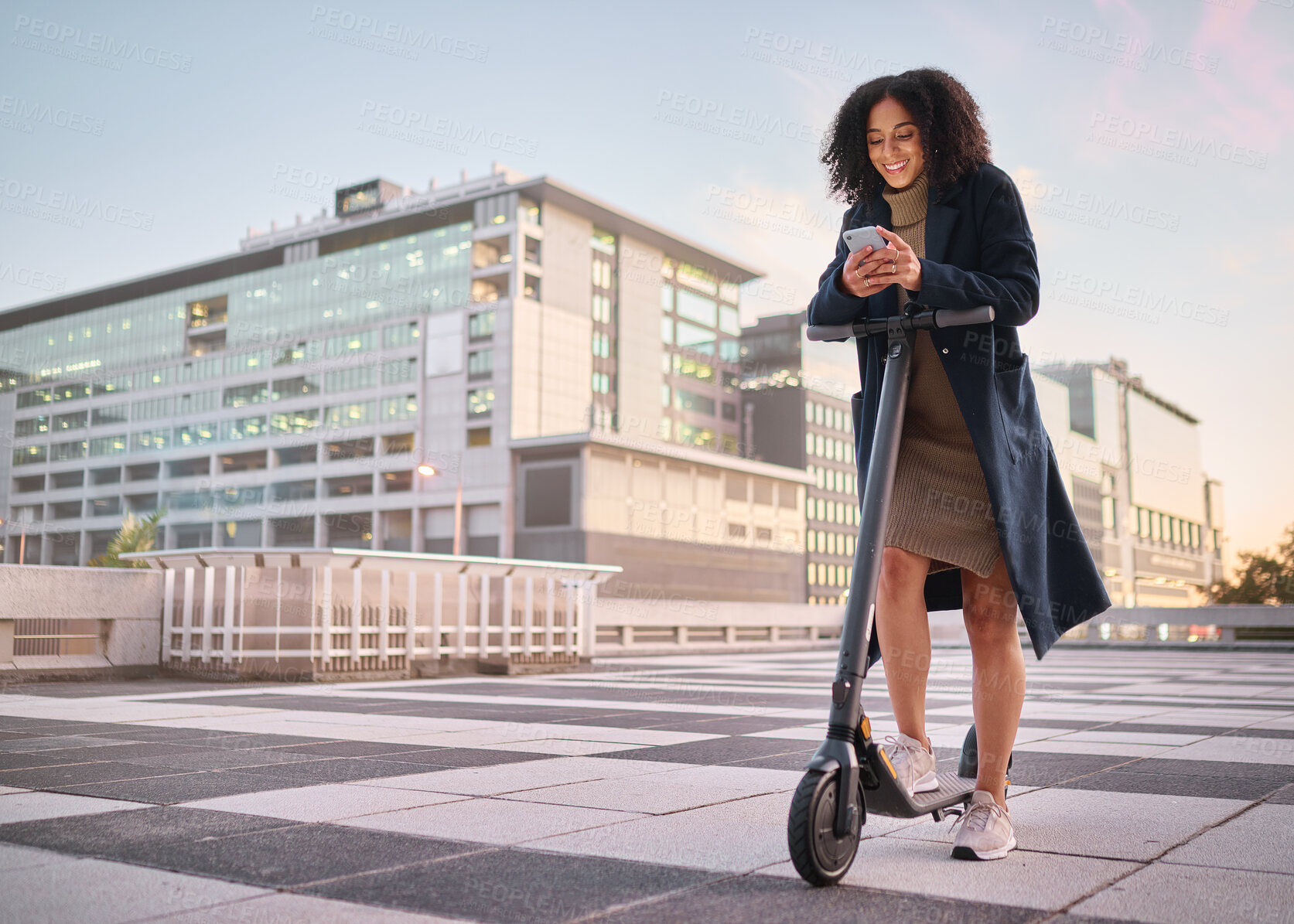 Buy stock photo Black woman, electric scooter and smartphone in city, for communication and outdoor to connect. Travel, female and girl with cellphone for chatting, social media and browse online to search internet.