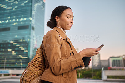 Buy stock photo Black woman, smartphone and outdoor for communication,  search internet and browse online. African American female, young lady and in city with cellphone for social media apps, chatting and connect.