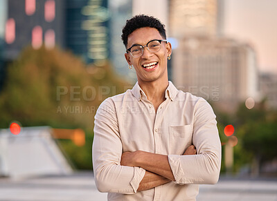 Buy stock photo Business man, city and smile portrait of an employee ready for work at an urban office building. Excited, happy and smiling businessman from Brazil in the morning with happiness from creative job