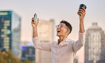 Buy stock photo Success, celebration and man with phone in the city for trading business and winning online gaming in Singapore. Winner, motivation and happy businessman in celebration for achievement on mobile