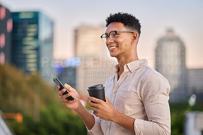 Buy stock photo Black man, smartphone and coffee outdoor, in city and smile being trendy, casual and sunset. Gen z, travel and cellphone to connect, happy and online browse for social media, chatting and happiness
