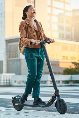 Buy stock photo Electrical scooter, woman and city travel on eco friendly transportation, sustainability and clean carbon footprint in urban town. Hipster, student and black girl riding mobile electric scooter ebike