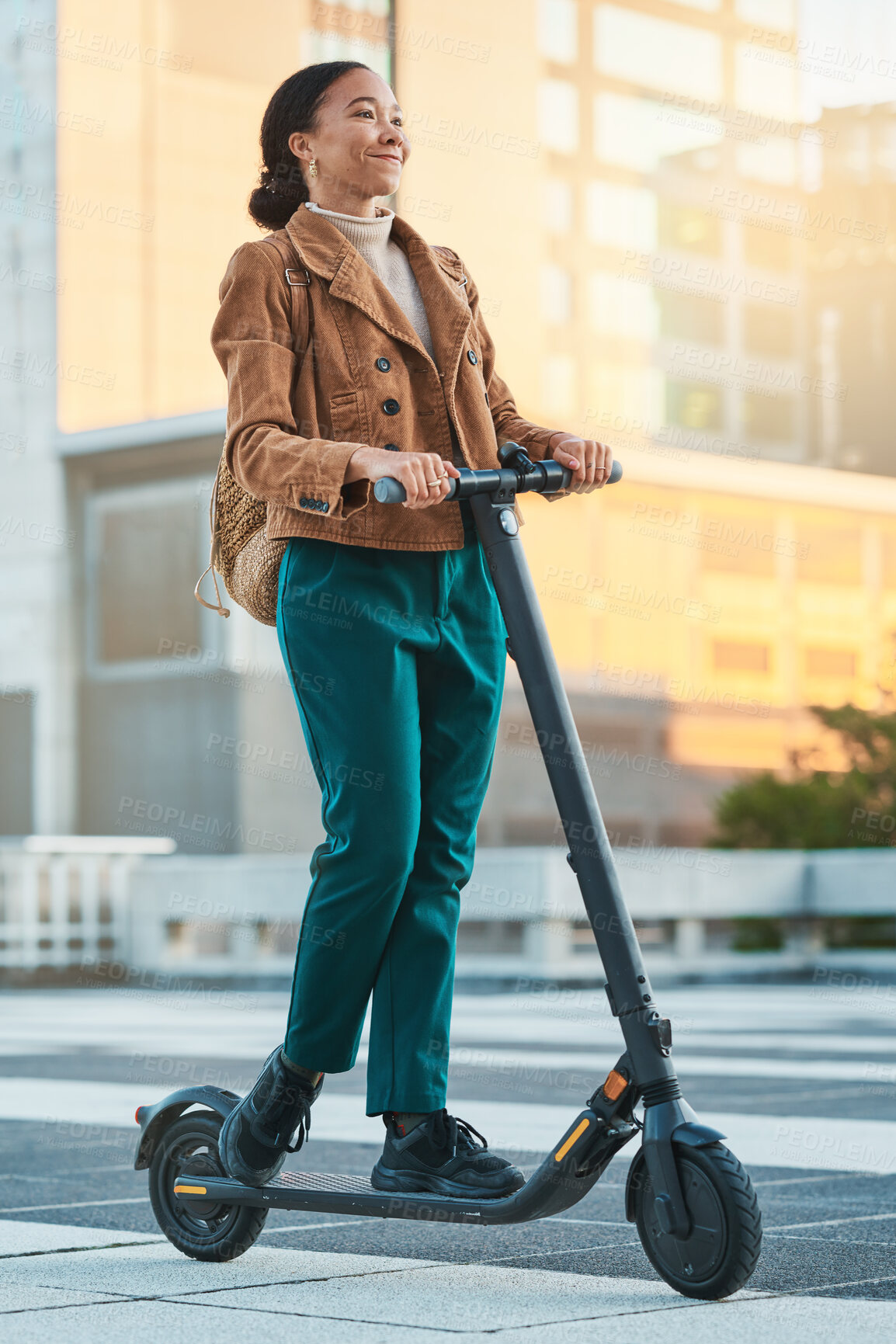 Buy stock photo Electrical scooter, woman and city travel on eco friendly transportation, sustainability and clean carbon footprint in urban town. Hipster, student and black girl riding mobile electric scooter ebike