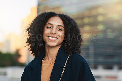 Buy stock photo Portrait, happy and city with a black woman in business standing outside during the day in an urban setting. Face, street and smile with a female employee outdoor in a town for success or development