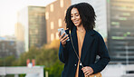 Black woman, phone text and city travel of a person on a mobile on 5g internet and web with a smile. Mobile phone texting or social media app scroll of a urban happy female with technology online 