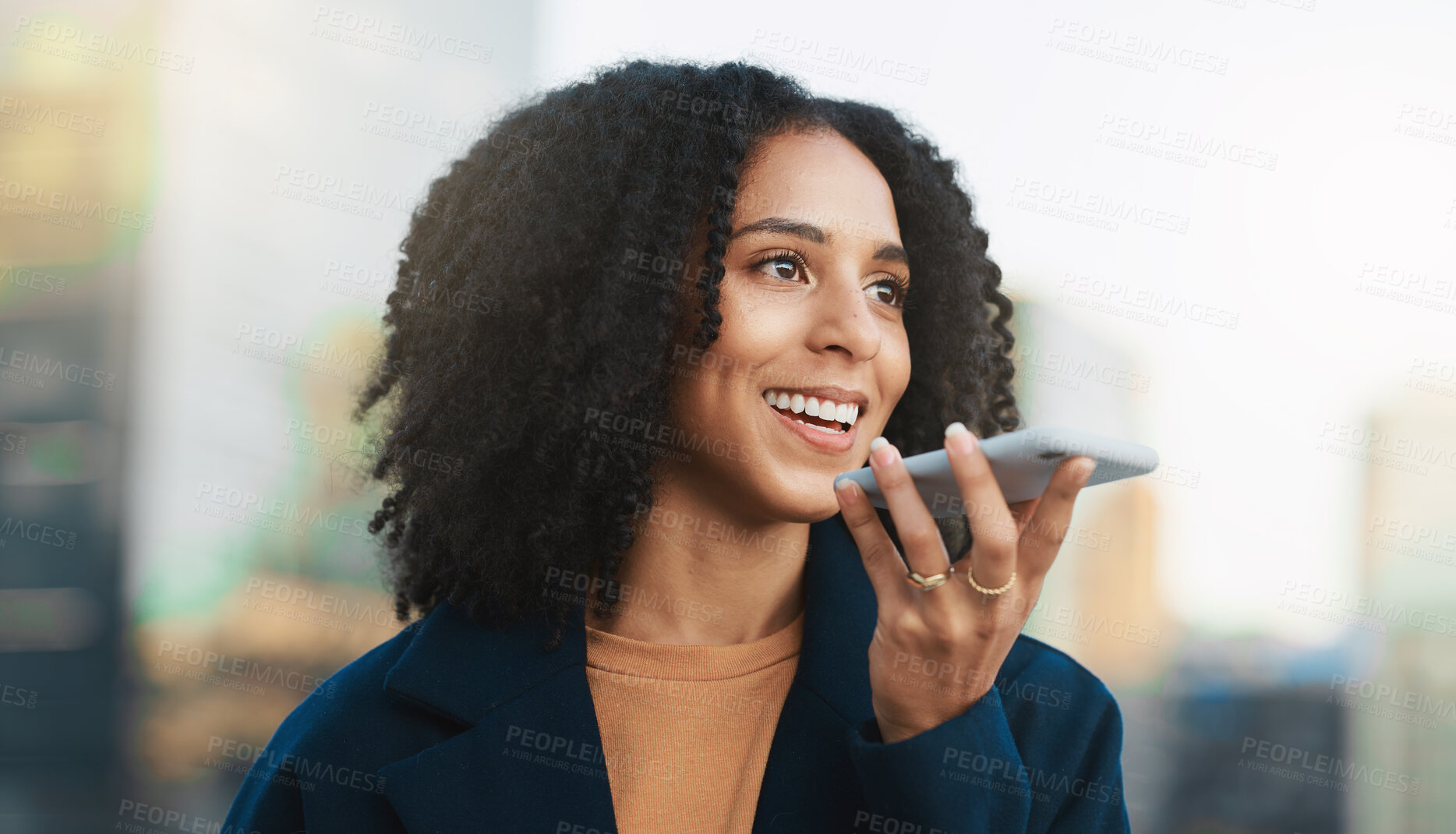Buy stock photo Black woman with smartphone, phone call and technology with communication and connection outdoor. Conversation, mobile and connect, contact and talking on call with tech and 5g network in urban city.