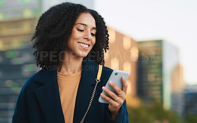 Buy stock photo Business woman, phone and typing in city, street or outdoors on social media, text message or web browsing. Mobile, tech and black female scrolling app on 5g smartphone, networking or texting in town
