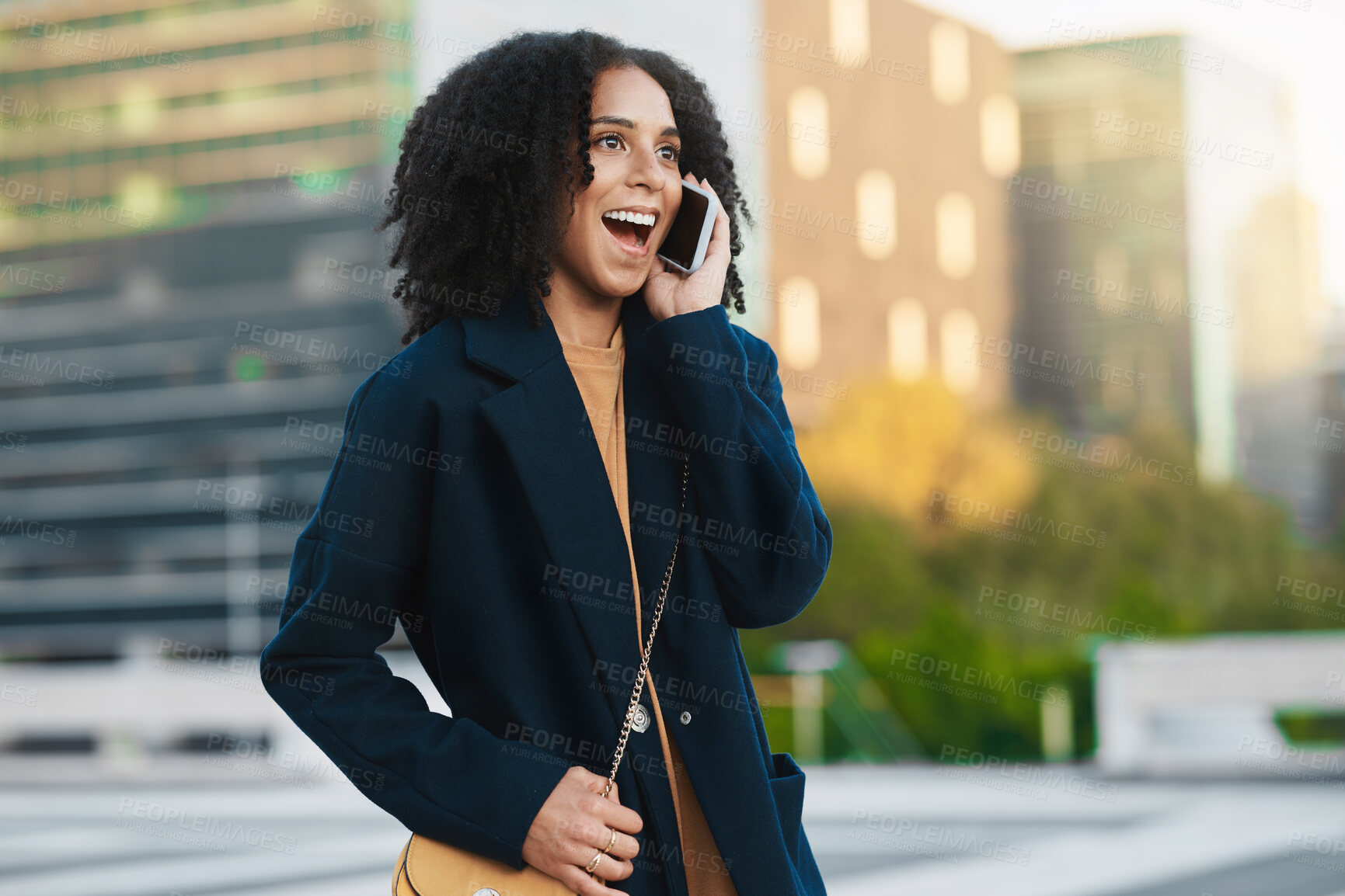 Buy stock photo Business girl and city phone call with news excited for promotion, achievement or bonus in New York. Corporate, professional and black woman on mobile with wow, happy and winner update.

