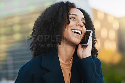 Buy stock photo Phone, woman and phone call in a city by business woman, happy and excited by good news, promotion or success with startup goal. Black woman, call and entrepreneur laughing, cheerful and networking