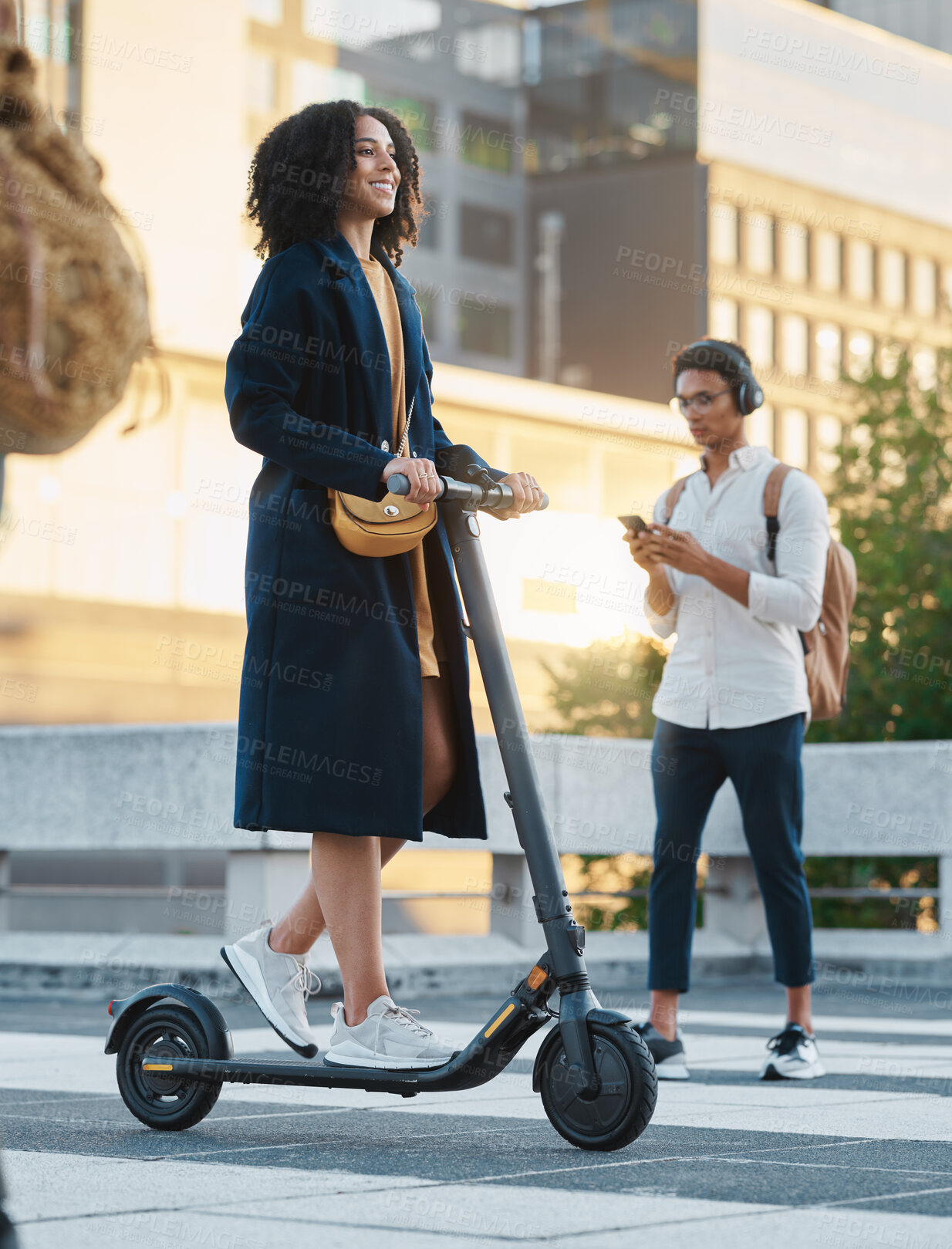 Buy stock photo Scooter, city and business woman going to work with an electric vehicle on an outdoor street in Mexico. Travel, happy and professional female corporate manager commuting to the office in urban town.