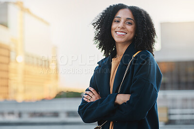 Buy stock photo Black woman, city and smile portrait of a person by and urban building feeling relax and happy. Travel, freedom and happiness of a young female outdoor with a bag ready for traveling or work