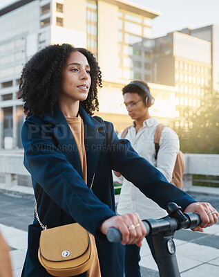 Buy stock photo City, electric scooter and commute with a business black woman riding transport on her way to work. Travel, eco friendly and carbon footprint with a female employee commuting in an urban town 