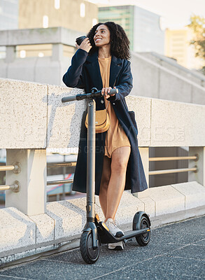 Buy stock photo Happy black woman, scooter and city transport with coffee, smile and outdoor in urban, street or metro. Electric vehicle, transportation or sustainable travel, adventure and carbon neutral travel