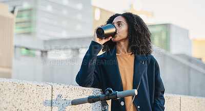 Buy stock photo Drinking coffee, electric scooter and city with a business black woman on her morning commute into work. Tea, transport and carbon footprint with a female employee traveling in an urban town alone