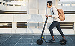 City, travel and black man with eco scooter for net zero and eco friendly work commute in urban town. Environmental, carbon neutral and worker transportation with music or podcast on electric bike.