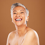 Senior, woman and beauty smile portrait for skincare, skin wellness and happy cosmetic facial glow. Smile, laughing and happiness of elderly face treatment of a model proud of wrinkles and body