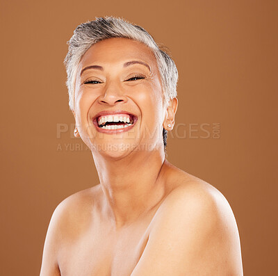 Buy stock photo Senior, woman and beauty smile portrait for skincare, skin wellness and happy cosmetic facial glow. Smile, laughing and happiness of elderly face treatment of a model proud of wrinkles and body