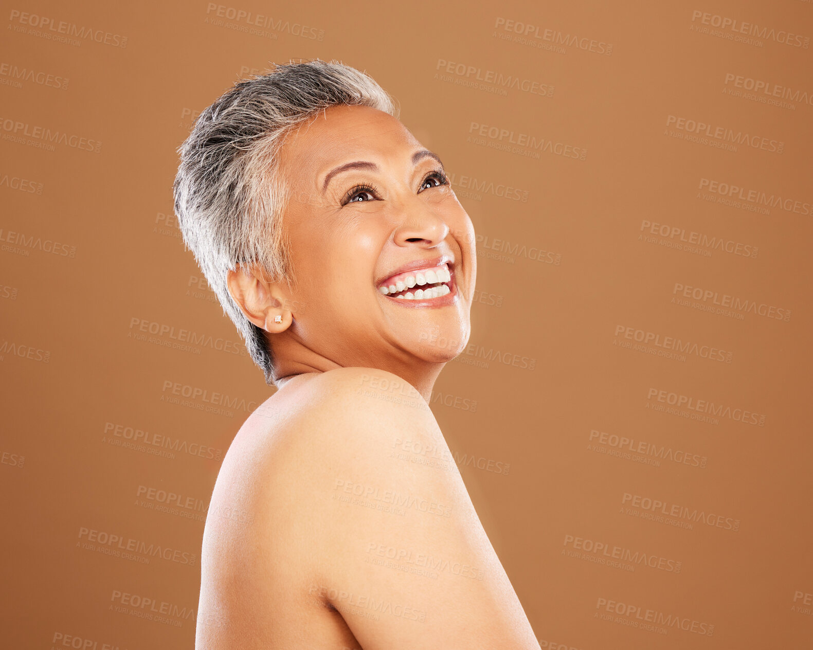 Buy stock photo Beauty, skincare and smile with senior woman for facial, wellness and health treatment. Dermatology, cosmetics and makeup with happy and mature model for anti aging, treatment and face product