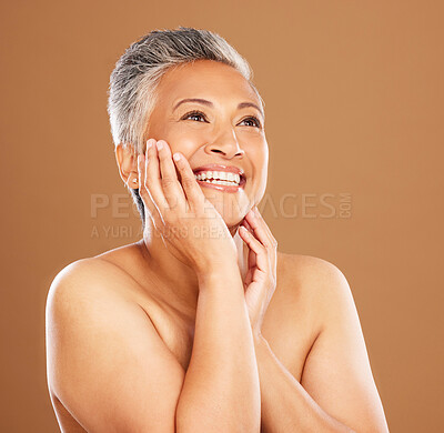 Buy stock photo Mature woman, beauty and happiness for skincare, glow and radiant face skin on a brown background. Cosmetic, skin care, thinking and vision of cheerful senior female model  happy with treatment 