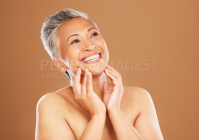 Buy stock photo Skincare, beauty and self care of a senior black woman on brown studio background for health, wellness and dermatology. Face of a happy mature model in studio for cosmetics, makeup and facial detox