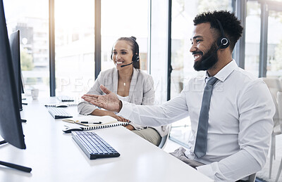 Buy stock photo Black man, crm consultant and customer support service employee training a colleague at work with a smile. Digital call center staff, online telemarketing business and office worker at desk computer 