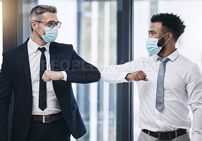 Buy stock photo Elbow, greeting and business men with covid working, walking and in partnership together for corporate company. Teamwork, support and business people with a face mask and hello with safety at work