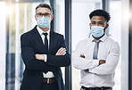 Covid, face mask and businessman people in office portrait for compliance, company policy and risk management teamwork. Proud, diversity and leadership corporate men for corona virus healthcare rules