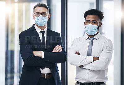 Buy stock photo Covid, face mask and businessman people in office portrait for compliance, company policy and risk management teamwork. Proud, diversity and leadership corporate men for corona virus healthcare rules