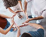 Teamwork, hands and circle of business people for support, power and trust for collaboration, synergy and team building motivation in office. Group, community or team for growth, mission and vision