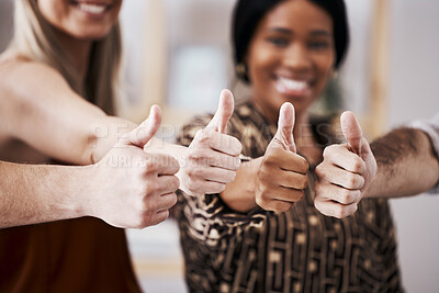 Buy stock photo Thumbs up, group hands and business people with support, like and teamwork for project, company and startup success or achievement. Thumb up hand sign, together and team building of diversity staff