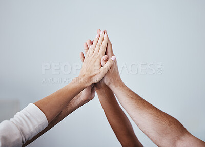 Buy stock photo High five, team and hands of people in celebration for teamwork achievement, team building meeting or collaboration. Group solidarity, support and community friends celebrate charity mission success