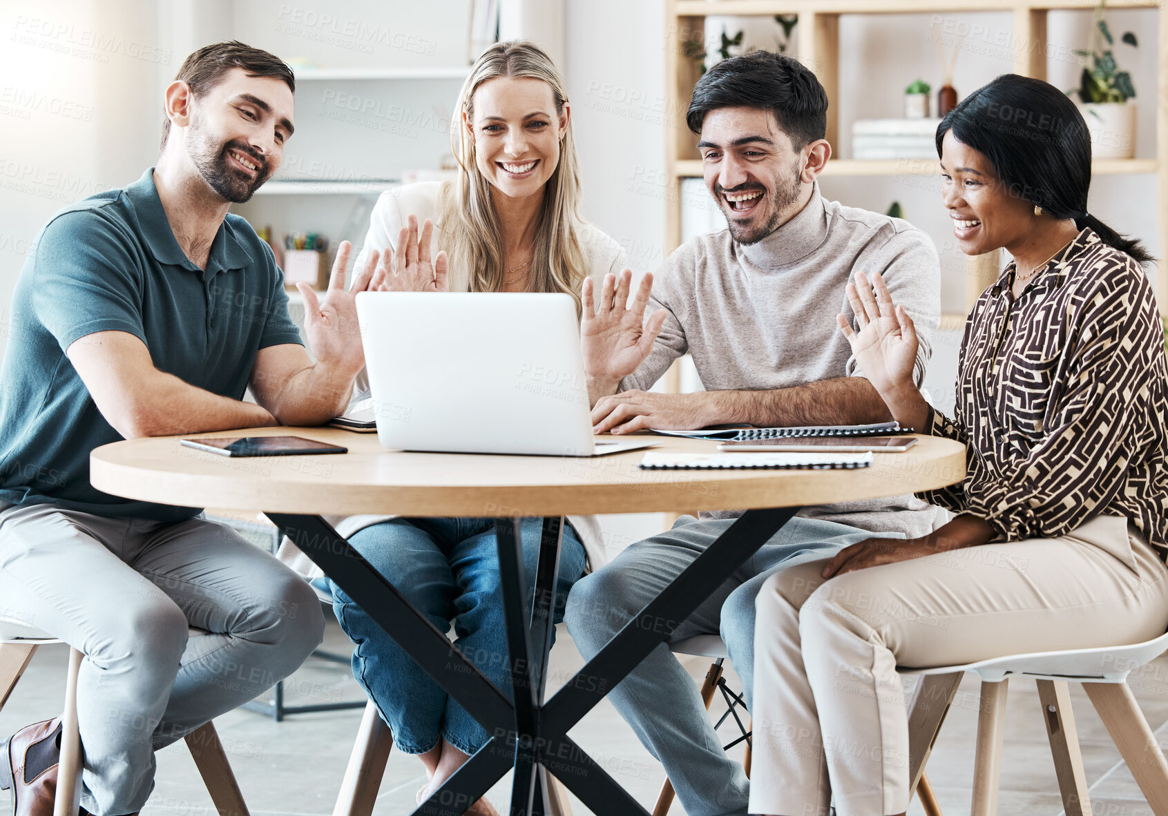 Buy stock photo Team sitting at desk together for online meeting, video call or webinar at creative marketing startup office. Diversity, teamwork and communication, men and women at table with for video conference.
