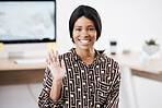 Portrait, wave and remote work with a business black woman at work in her home office startup. Waving, gesture and greeting with a female employee working in her small business as an entrepreneur