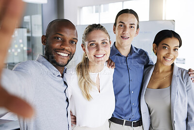 Buy stock photo Selfie, friends and team with a business man and woman group taking a photograph together in their office. Portrait, teamwork and diversity with male and female colleagues taking a picture at work