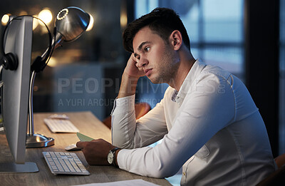 Buy stock photo Businessman, stress or bored on computer in night office for cyber security website, digital marketing web design or programming code. Anxiety, tired or confused programmer with technology 404 glitch