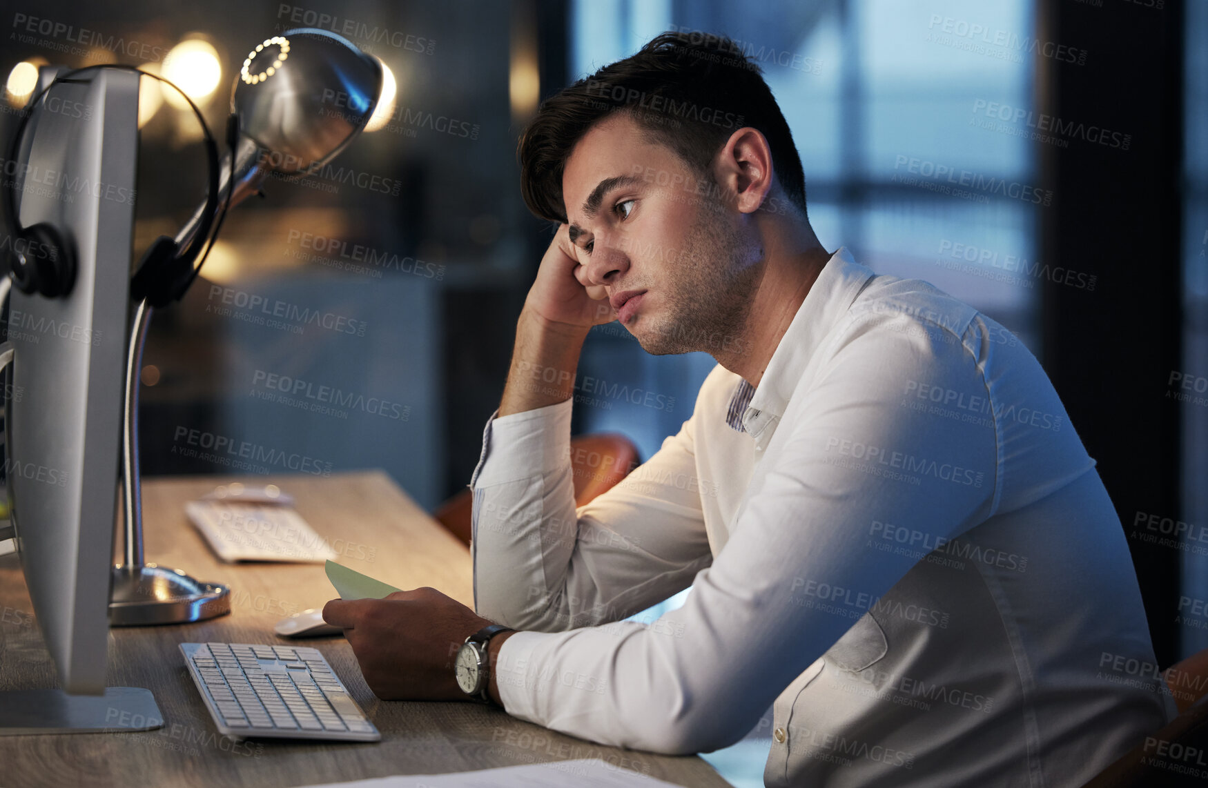 Buy stock photo Businessman, stress or bored on computer in night office for cyber security website, digital marketing web design or programming code. Anxiety, tired or confused programmer with technology 404 glitch