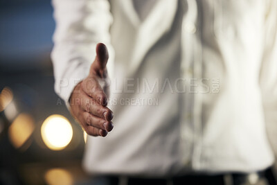 Buy stock photo Businessman, handshake and thank you for partnership, congratulations and welcome hand gesture in office. Employee, corporate worker and interview, hiring or recruitment success with shake hands