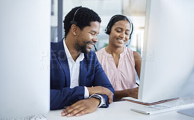 Buy stock photo Teamwork, call center and customer service with a business team working together in a telemarketing office. Collaboration, contact us and crm with a man and woman employee at work in retail support