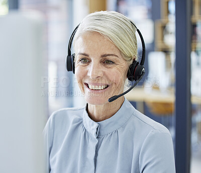 Buy stock photo Telemarketing worker, office and consultant at desk for crm, contact us or customer service company. Mature woman, business networking or call center sale consulting for insurance telecom on comouter