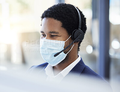 Buy stock photo Covid, black man and call center for customer communication with mask for professional consultation. Virus, safety and telemarketing expert consulting in office with face mask in corona pandemic.


