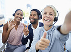 Call center, selfie and employees with hand sign for support, motivation and thank you in telemarketing business. Thumbs up, photo and portrait of customer service people excited about consulting