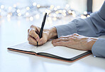 Notebook, pen and hands of old woman writing calendar schedule, checklist or business ideas in planner. Alzheimer, dementia and elderly care person with memory loss takes daily notes on journal paper