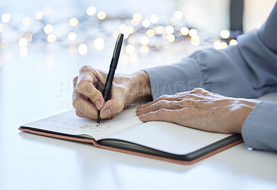 Buy stock photo Notebook, pen and hands of old woman writing calendar schedule, checklist or business ideas in planner. Alzheimer, dementia and elderly care person with memory loss takes daily notes on journal paper